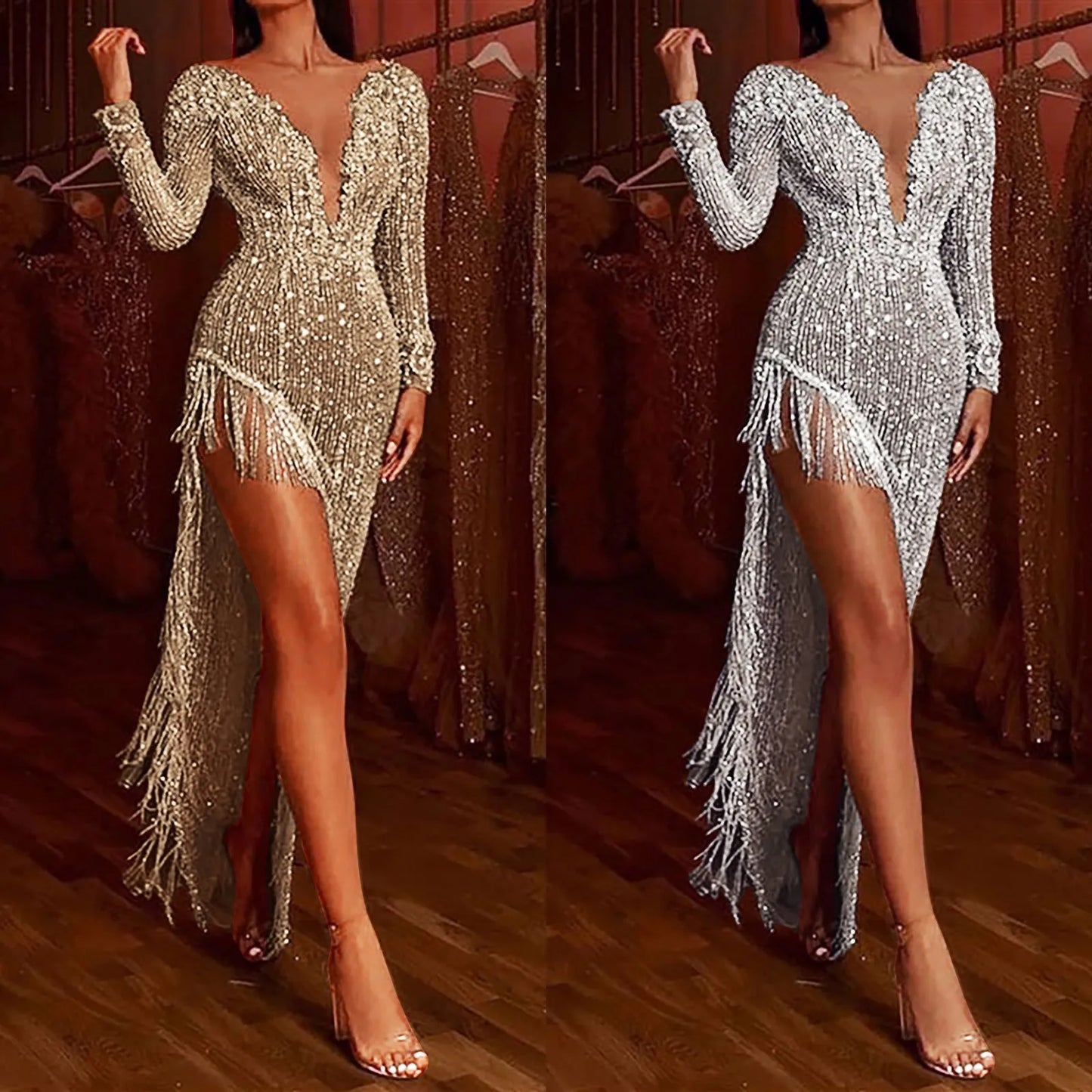 Prom Dresses Women Luxury Long Sleeve Beading Sexy Bodycon Long Dress Irregular Tassels Sequined Evening Party Dress Clubwear