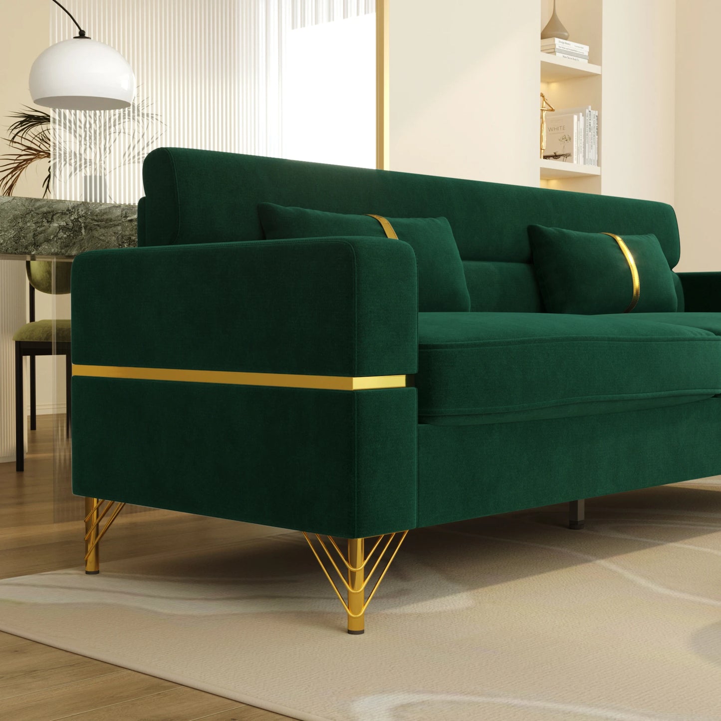 86-Zoll-Samtsofa mit goldenen Beinen – Bequemes Sofa, Loungesofa, 3-Sitzer-Couch – Luxuriöses Samtsofa für die Wohnzimmereinrichtung
