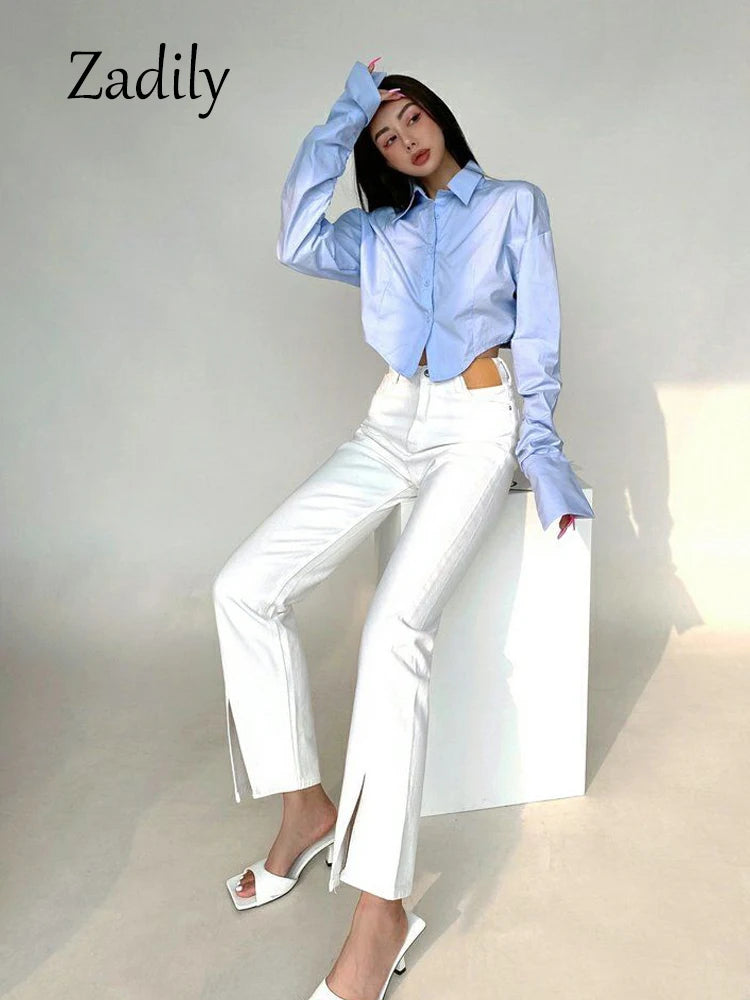 Zadily 2025 Summer Korean Style Long Sleeve White Shirt Women Sexy Button Ladies Crop Tops Blouse Street New In Female Clothing