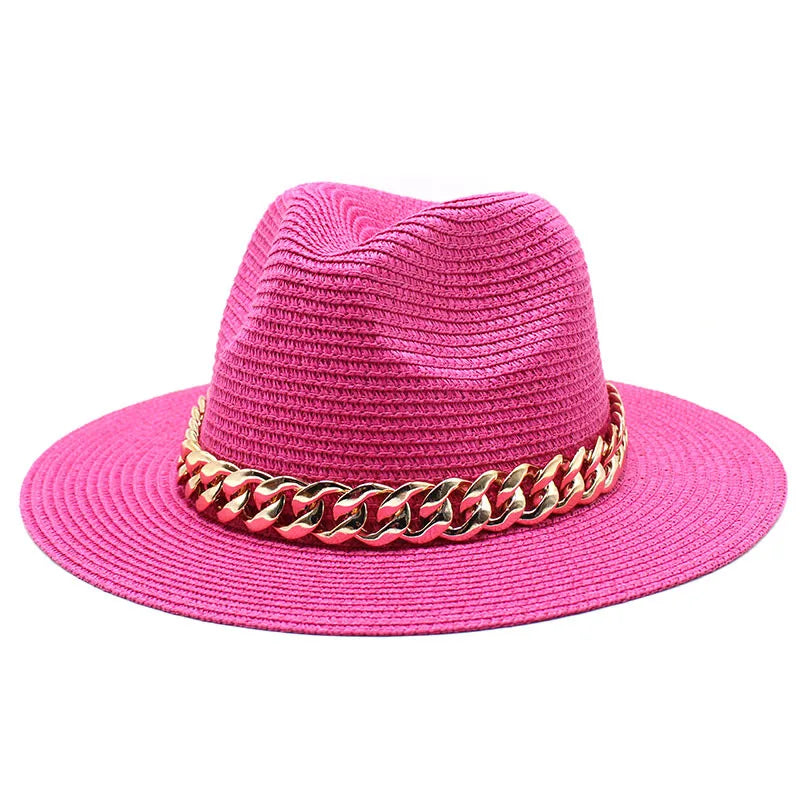 Set Straw Hat and Bag Set Gold Chain Bag Hat Set Ladies Leather Bag Tote Church Fedora Party Jazz Straw Hat