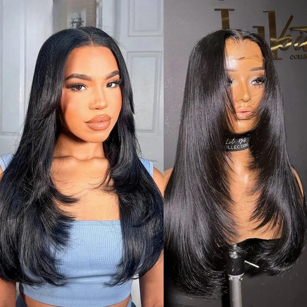 99J Burgundy Red Layered Lace Front Wig With Bangs Bone Straight Synthetic Lace Frontal Wigs 13x4 HD Glueless PrePlucked Cosplay