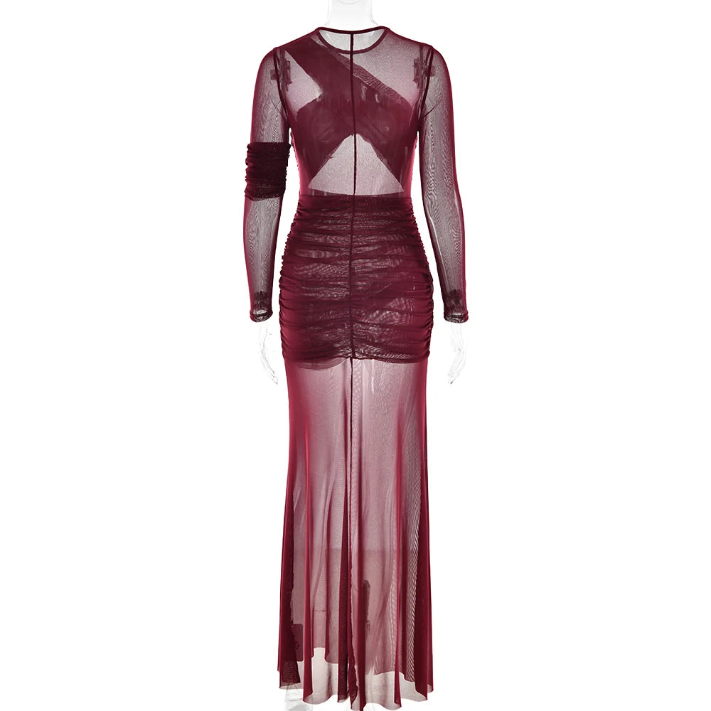 Articat Elegantes Mesh-Patchwork Langarm-Bodycon Party Club Abendkleid Sexy Doppellagiges Perspektivkleid Herbstkleidung