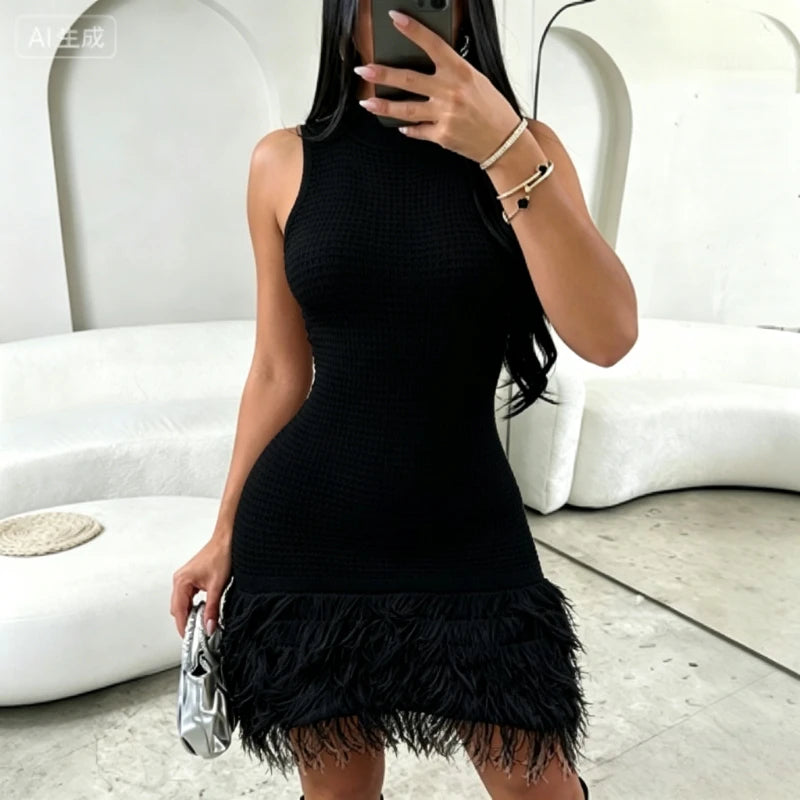 Women's Yellow Sleeveless Mock Neck Crochet Knit Fringe Sundress Bodycon Mini Dress Stretchy Summer Beach Party Club Outfits