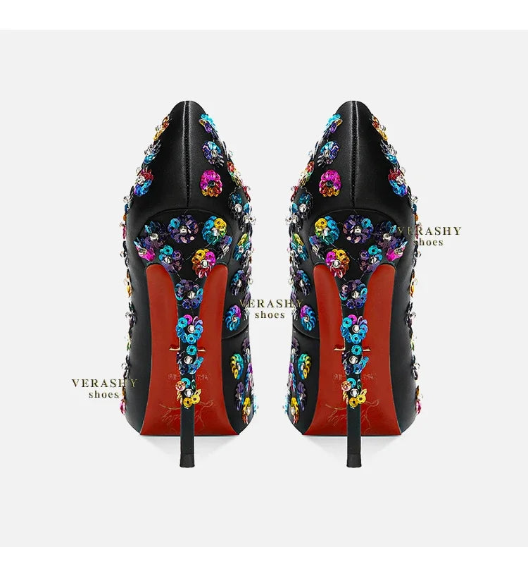 2025 Spring New High Heels Women's Embroidered Beaded Black Sexy Queen's Heel 10-12cm Pointed