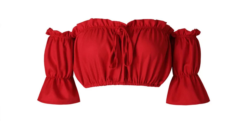 Crop tops women 2024 summer lantern sleeve sexy strapless beach tops red black white ruched crop top