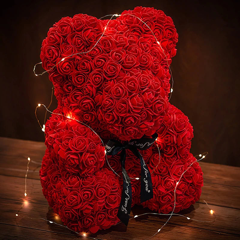Valentinstagsgeschenke Dekoration Rosenbär Künstliche Blume mit Box Lichter Teddybär für Frauen Freundin Geburtstagsgeschenk Liebesblume