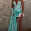 Aqua Blue Prom Dress Applique Off Shoulder Mini Party Gowns Sweetheart Above Knee Length Short Tierred Satin Overlay Dresses