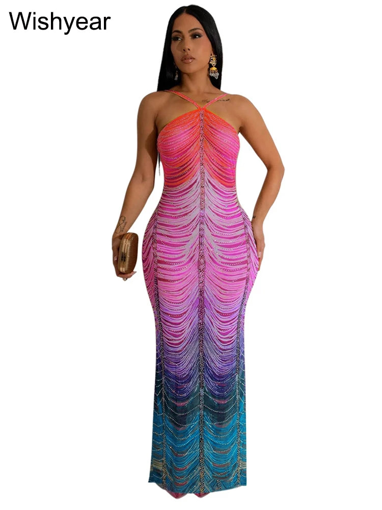 Neue Gradient Strass Tie-Dye Print Neckholder Meerjungfrau Lange Kleider Damen Rückenfrei Ärmellos Schmal Geburtstagsparty Abschlussball Vestidos