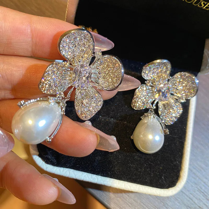 Zircon Pearl Temperament Flower Luxury Exquisite Earrings