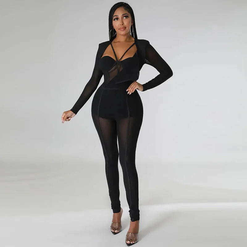 Sexy Mesh Patchwork Transparenter Club-Bodycon-Jumpsuit für Damen, durchsichtiger Einteiler-Overall, Clubwear, Party-, Geburtstagsoutfits