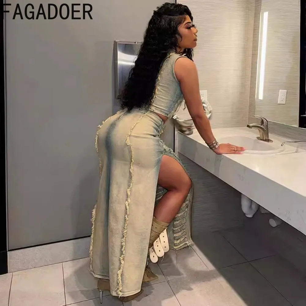 FAGADOER Fashion Streetwear Women Denim Hole Hollow Sleeveless Crop Top And Side Slit Skirts Two Piece Sets Sexy Cowboy Outfits