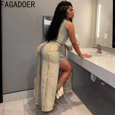 FAGADOER Fashion Streetwear Women Denim Hole Hollow Sleeveless Crop Top And Side Slit Skirts Two Piece Sets Sexy Cowboy Outfits