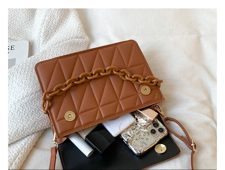 Solid Plaid Crossbody Bags For Women, Chain Decor Fashion Shoulder Bag Ladies Handbag For Daily Used