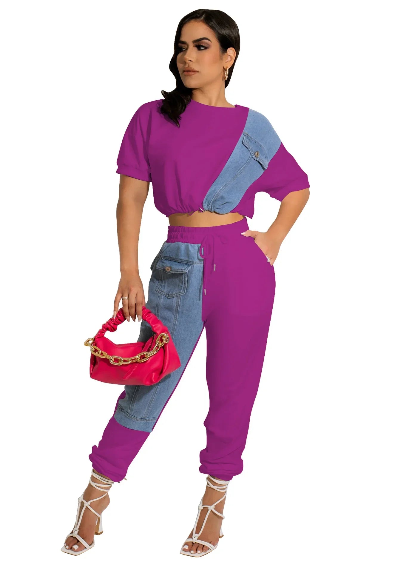 CM.YAYA Workout Denim Patchwork Women Two 2 Piece Set Outfit Sweatsuit 2022 T-shirt and Jogger Pants Matching Set Tracksuit