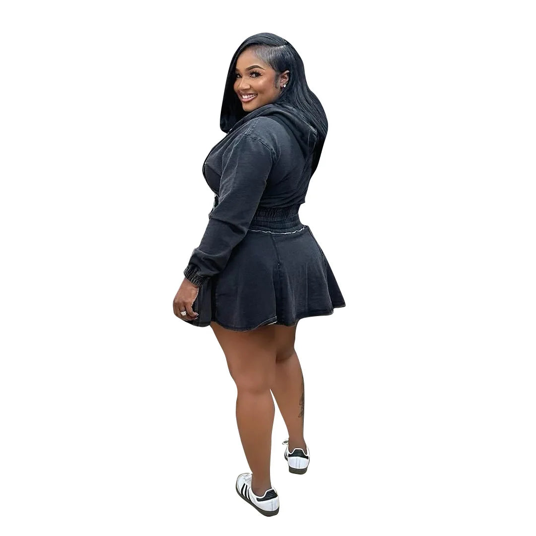 Two Piece Sets Women Denim Skirt Hooded Zipper Tops Short Dress Sets Skirts A Line High Waist Y2k Streetwear Elegant Slim Fit