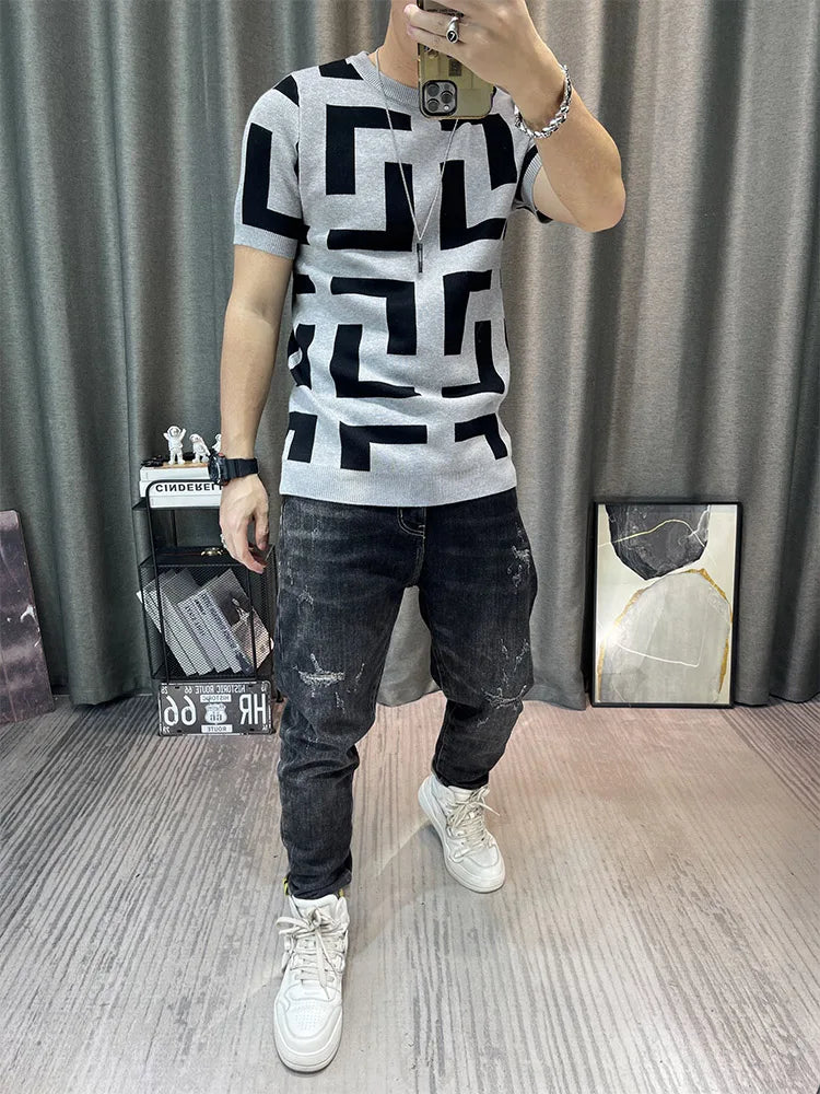Luxury Men Autumn Knitted Tshirt 2024 Korean O-neck Short Sleeve Top Tees Streetwear Male Social Club Slim Fit Casual T-Shirt