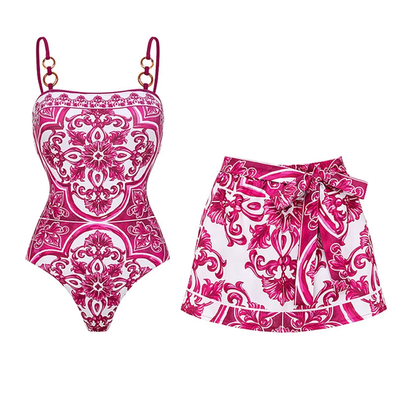 Flaxmaker Long Sleeves Majolica Series Pattern Print One Piece Swimsuit Biquini Beachwear Women Sexy Bikini Sets Swimsuit