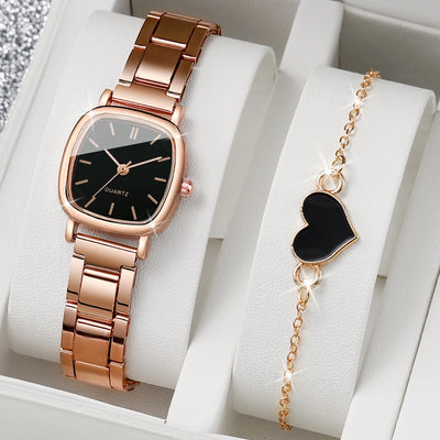 2 Teilesatz Damen Mode Edelstahl Quarzuhr & Liebe Herz Armband
