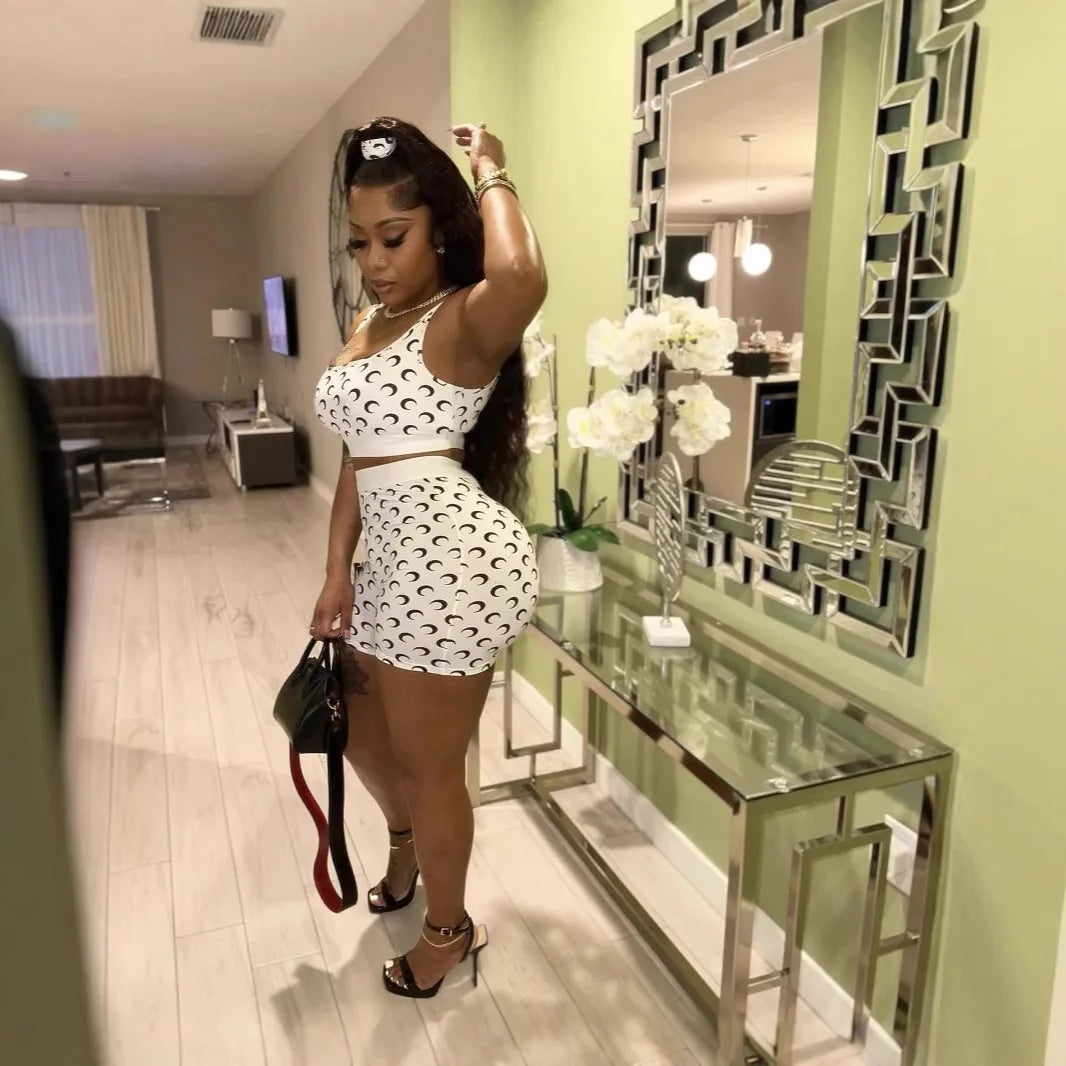 Three Sisters 2025 Summer Fashion Sexy Casual Holiday Beach Party Prom Woman Clothes Slimming Vest Print Ladies Two Piece Sets
