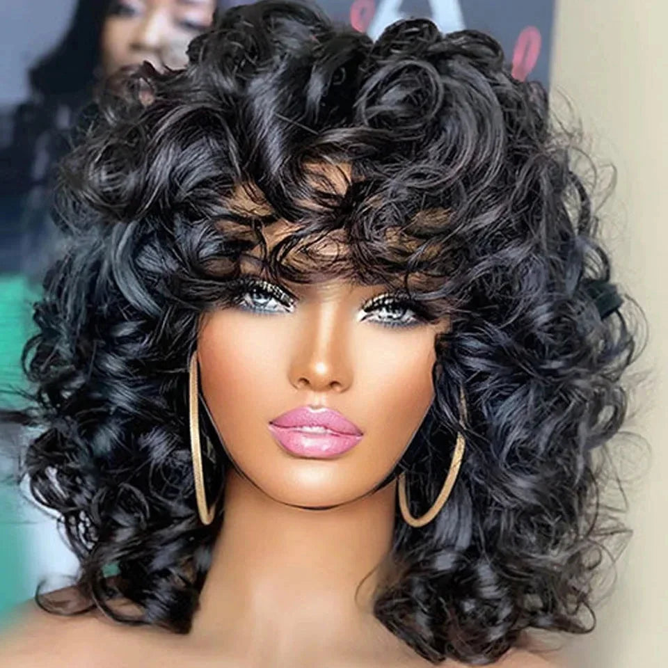 250% Bob Bouncy Lockige Echthaarperücken Loose Bouncy Rose Lockige Perücken mit Pony Brasilianisches Remy Haar Maschinenperücke für Frauen