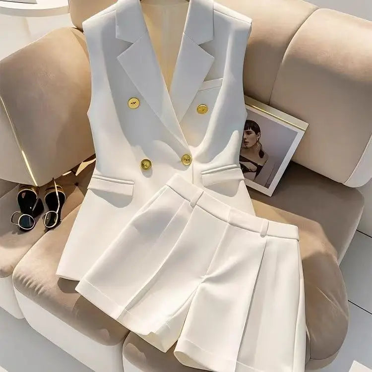 Elegant Office Lady Sleeveless Blazer and Shorts Set with Gold Button White Two Piece Suit Women Summer Business Casual Outfit