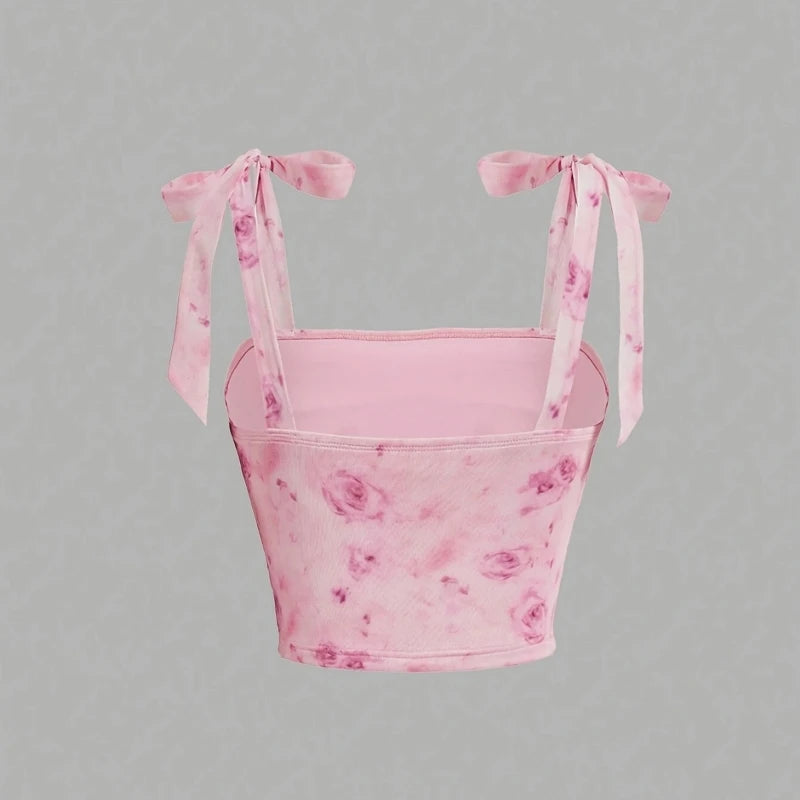 Solid Tie Shoulder Ruched Wide Strap Slim Fit Crop Top for Women Summer 2025 Y2K Clothes Pink Backless Cami Top Streetwear