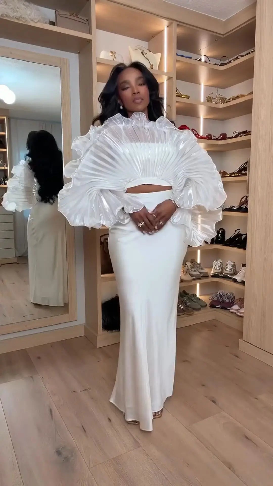 White Pleated Ruffle Crop Top Women Oversized Fan Sleeve Stand Collar Elegant Formal Evening Party Blouse