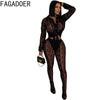 FAGADOER Sexy Mesh Damen 2-teiliges Set Outfit Durchsichtiges Langarm Crop Top + Skinny Hose Anzüge Weibliche Streetwear Kleidung Neu