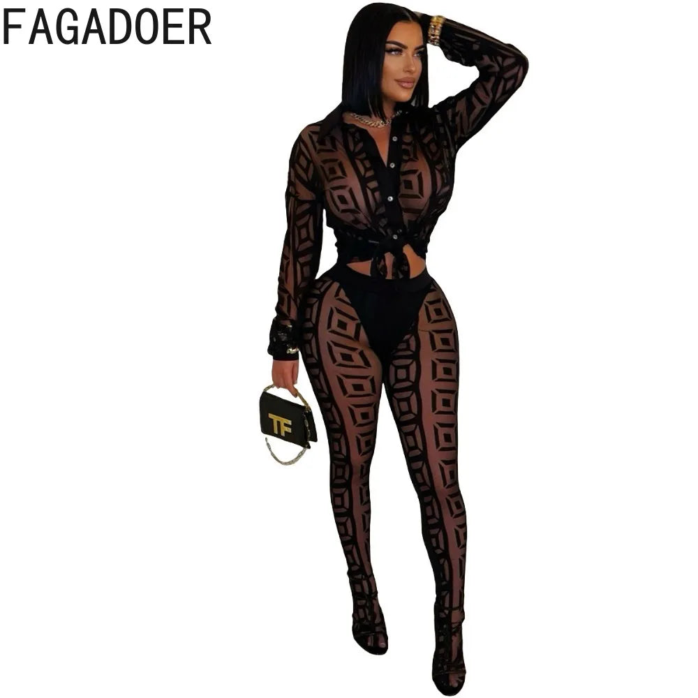 FAGADOER Sexy Mesh Damen 2-teiliges Set Outfit Durchsichtiges Langarm Crop Top + Skinny Hose Anzüge Weibliche Streetwear Kleidung Neu