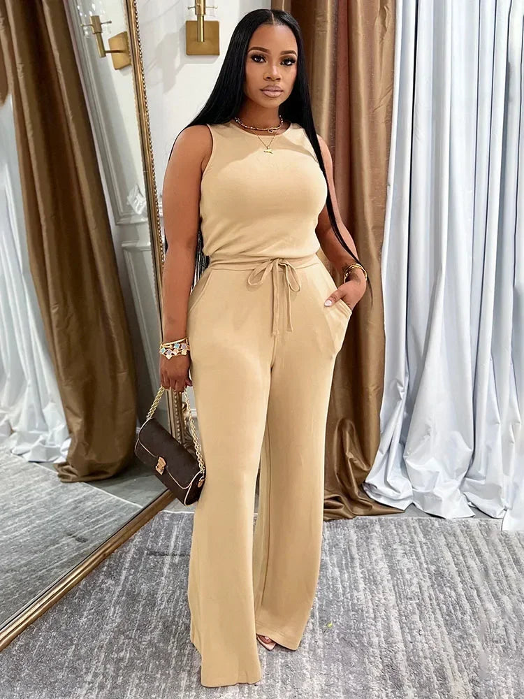 Solid Casual Jumpsuit for Women Sleeveless Drawstring High Waist One Pieces Rompers and Jumpsuits Summer Outfits Combinaison