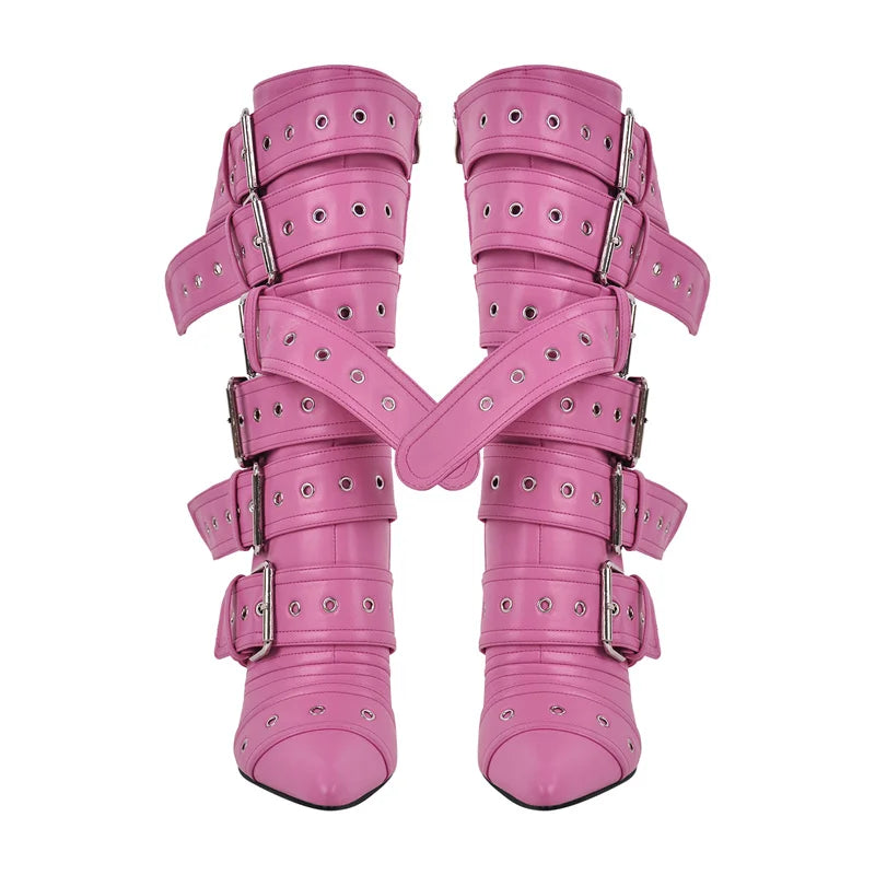 Onlymaker Women Pointed Toe Mid-Calf Boots Buckle Strap Thin High Heel Lady Zipper Female  Stiletto Boots