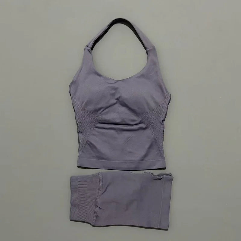 2 Pieces Sports Set Women Backless Halter Tops High Waist Seamless Hight Stretch Shorts Gym Suit Sportswear Workout Sets