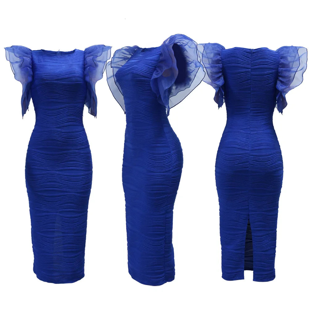 CM.YAYA Women Ruffles Short Sleeve O-neck Striped Knee Length Dress Street Vestidos Sexy Night Club Party Evening Chic Dresses