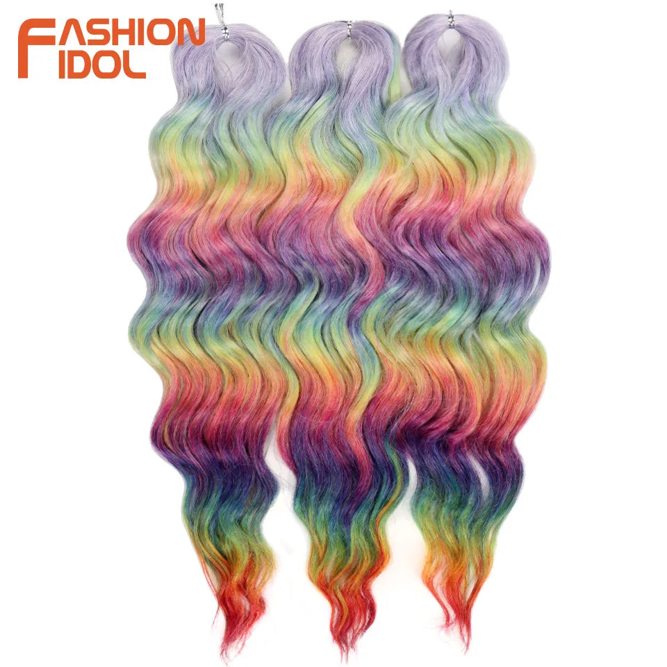 FASHION IDOL 24-Zoll Häkelhaar Synthetische Wasserwelle Flechthaarverlängerungen Ombré Regenbogenfarbe Kunsthaar Deep Wave Lockenhaar