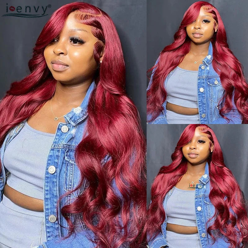 13X4 HD Transparente Lace Front Perücken Burgunderrote Echthaarperücken Vorgezupft 30 Zoll Body Wave Lace Front Perücken für Frauen Gelockt