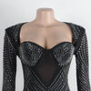 Damen sexy durchsichtiges Mesh-Strass-Dekor Langarm Skinny Partykleid