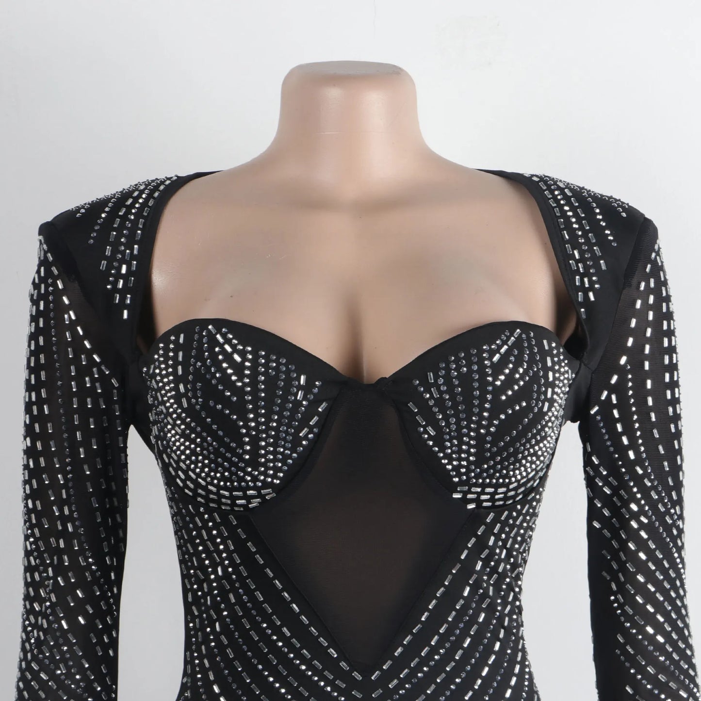 Damen sexy durchsichtiges Mesh-Strass-Dekor Langarm Skinny Partykleid