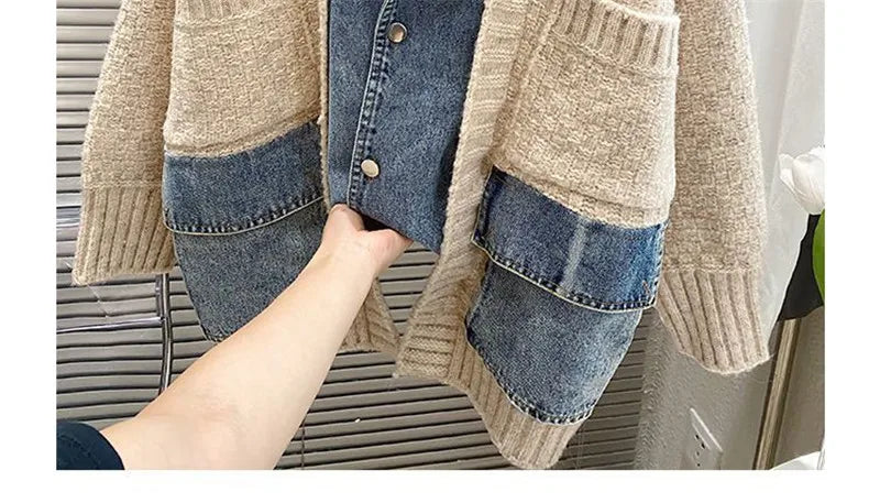 2023 New Autumn Winter Women Splicing Denim Jacket Women Long Sleeve Jean Jackets Female Loose Sweater Cardigan Jacket