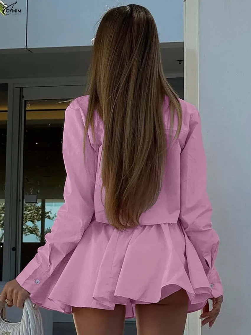 Oymimi Fashion Pink Cotton 2 Pieces Set For Woman Elegant Long Sleeve Single Breasted Crop Shirts And Drawstring Mini Skirts Set