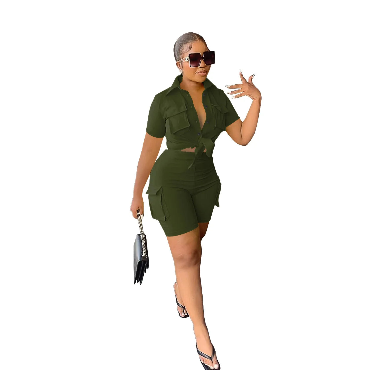 CM.YAYA INS Women's Set Short Sleeve Pocket Front Shirt and Pocket Side Shorts Suit 2023 Cargo Two 2 Piece Set Outfit Tracksuits