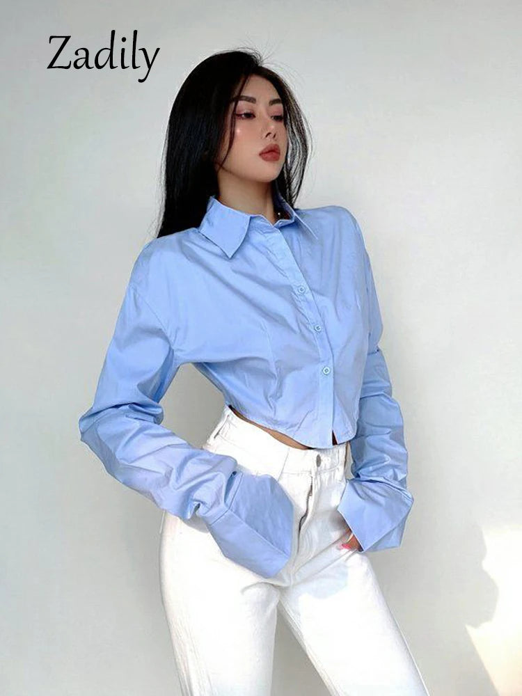 Zadily 2025 Summer Korean Style Long Sleeve White Shirt Women Sexy Button Ladies Crop Tops Blouse Street New In Female Clothing