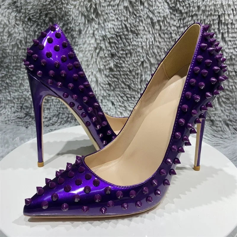 Pink studded high heels, fashionable, ultra shallow mouth, pointed toe, thin heel, hate sky, high punk style, 12CM