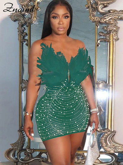 Znaiml Sexy Federn Strass Rückenfrei Diamant Transparenter Mesh Bodycon Kleid für Damen Rave Club Geburtstag Party Nachtkleider