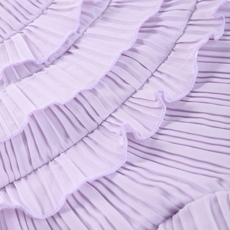 Chic pleated halter neck long vacation dress high quality purple strapless Lotus Edge Maxi Dress 2026 New Lady Vacation Gowns