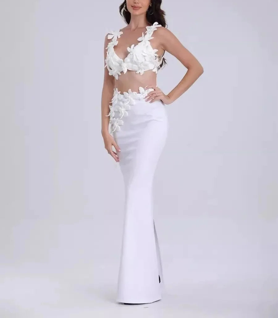 Women Sexy White Flowers V-Neck Tops Bodycon Long Dress Two Pieces Set Eveing Party Prom Gown Nightclub Celebrate Birthday Dress