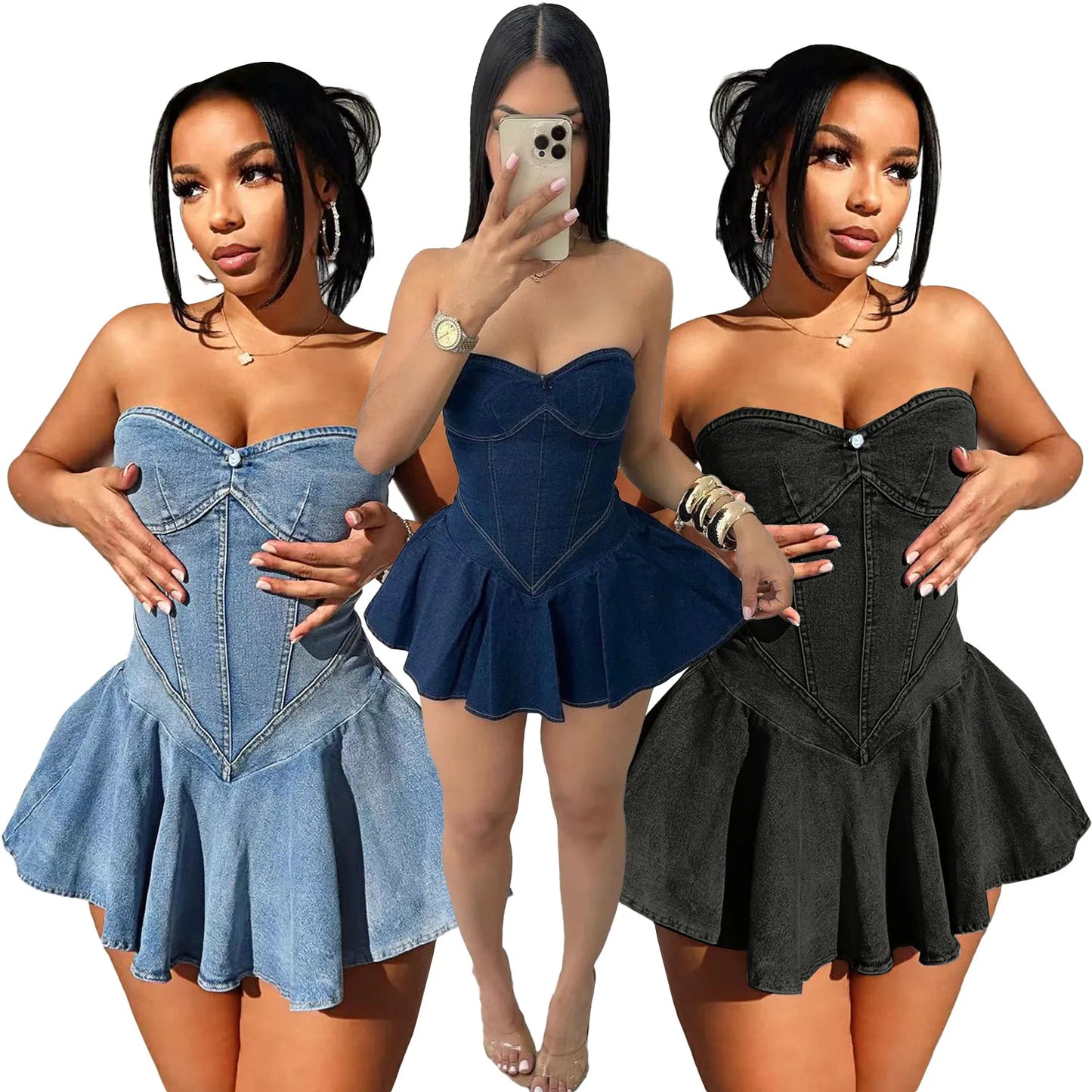 Chest Wrap Sexy Dress Women Sleeveless Backless Splicing Slim Fit Strapless Mini Dresses Sexy A Line 2024 Denim Vestidos