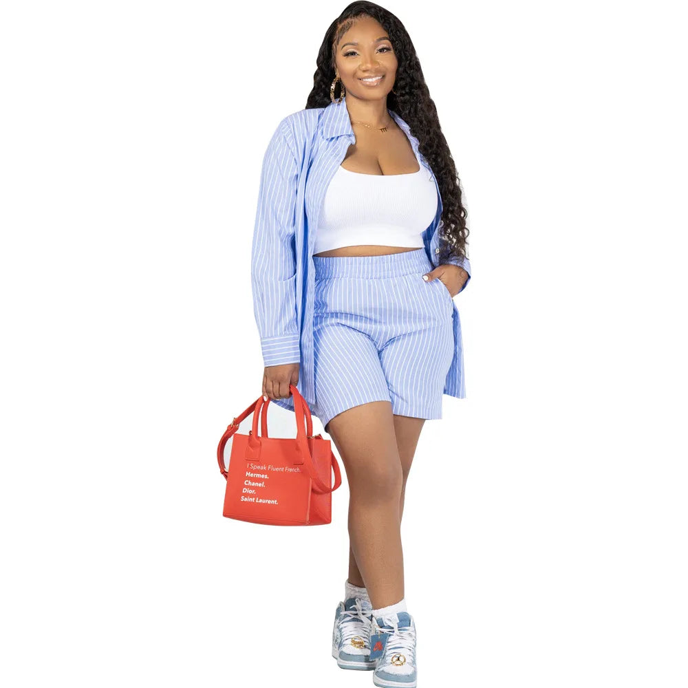 Two Piece Short Sets Women Striped Single Breasted Cardigan Blouses Shorts Elastic Waist Shirt Suit Casual Outwear Summer