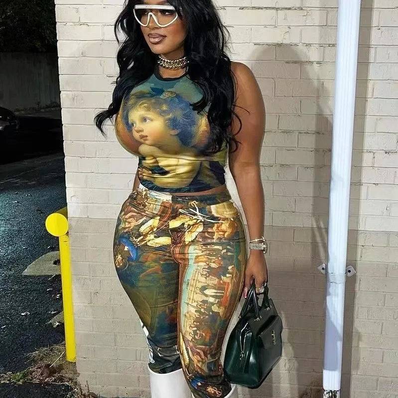 FAGADOER Mode-Print 2-teilige Sets Damen Outfit Ölgemälde Ärmelloses Crop Top und Hose Damen Streetwear Sommer Frühling Neu