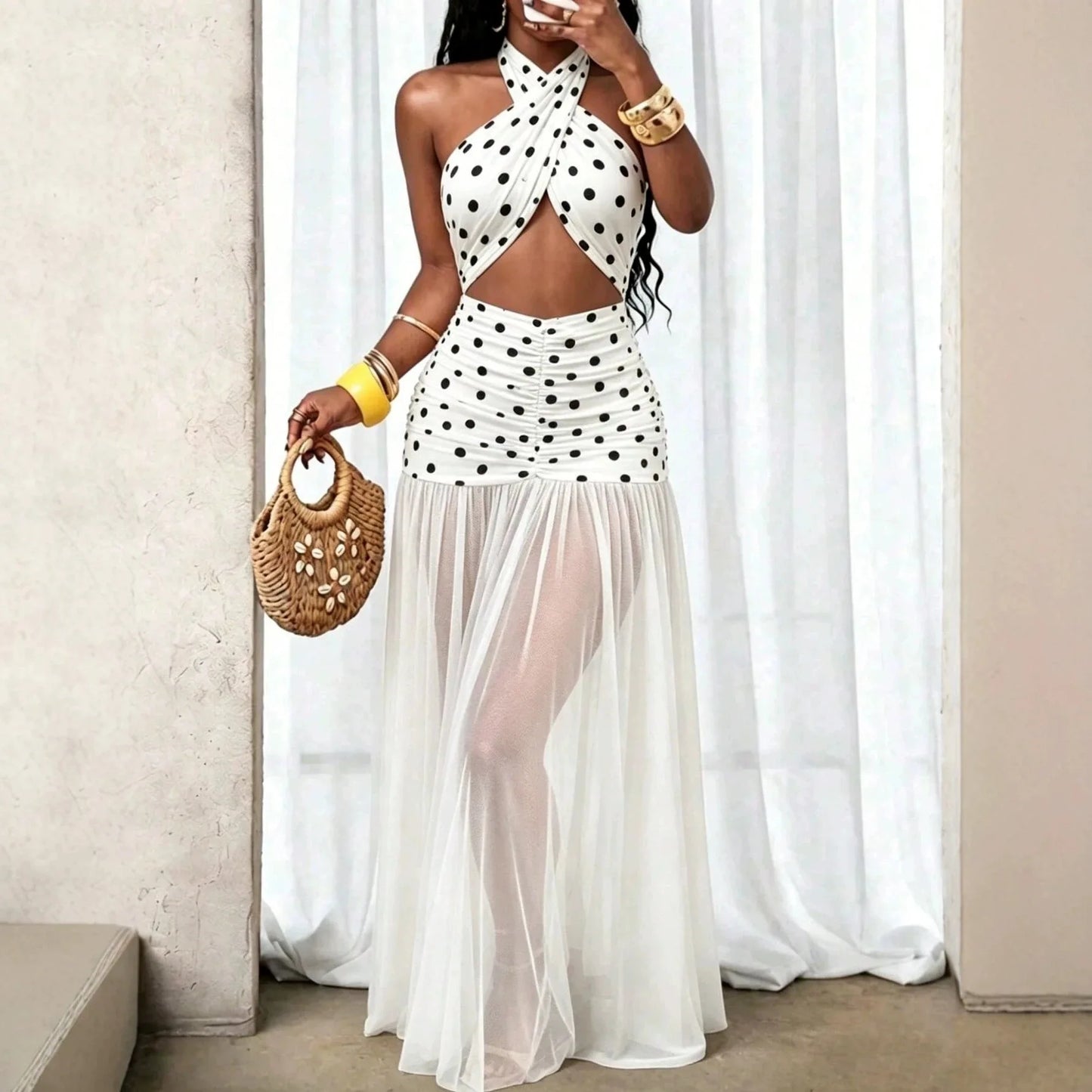 Sexy Polka Dot See through Beach Dress with Neck Hanging Long Polyester Blend Fabric Swimwear Cover up Irregular Hemline
