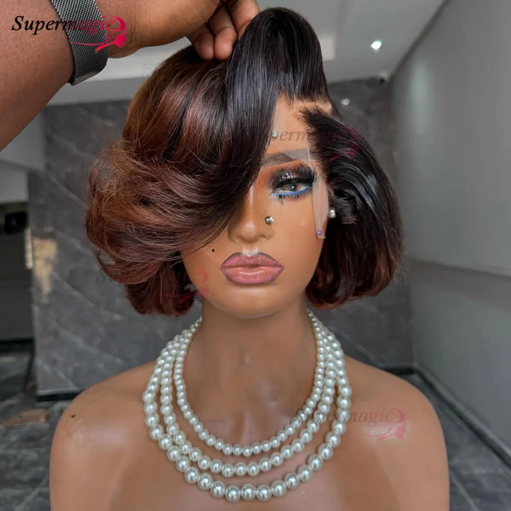 Ombre Chotolate brown Straight Bob 13x4 Lace Closure Human hair Wigs 100% Vietnamese Hair Wear and Go Glueless Layered Cut Wig